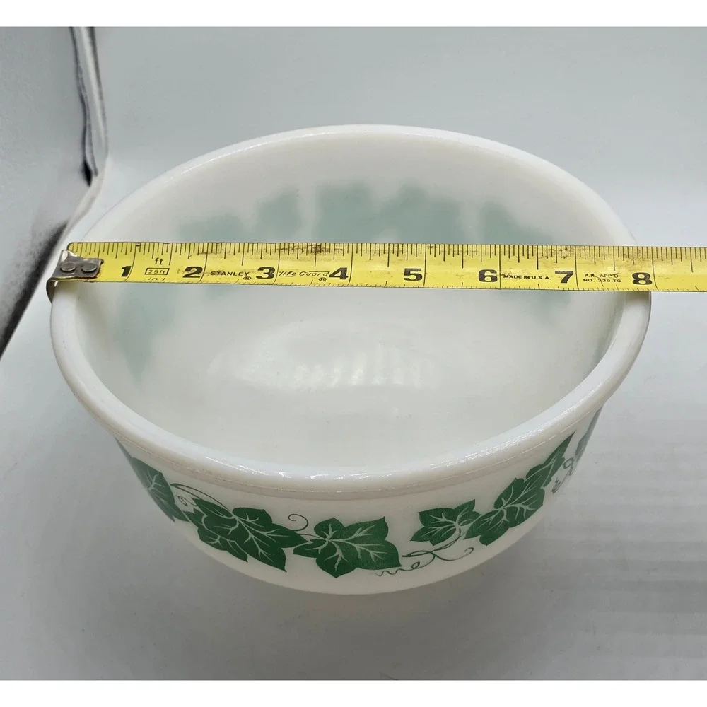 Vintage Hazel Atlas Milk Glass Ivy Leaf Mixing Bowl Green White 8 Inch MCM